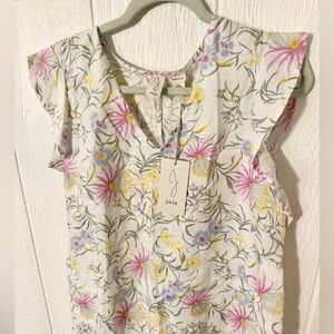 Joie 100% Linen Floral Shift Dress Size XL Ruffle Sleeve Summer